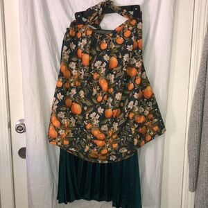Nine West Satin Pleated Skirt and Oranges w/Orange Flowers Tie Neck Halter Top